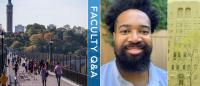 Photo of John Pamplin with the words "Faculty Q&A" and photo of the Columbia Mailman building and High Bridge